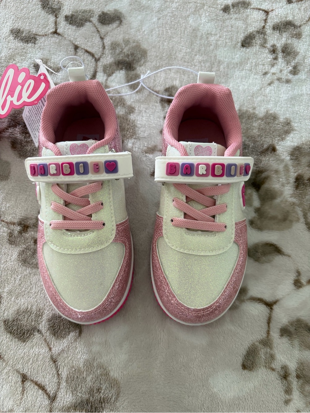 Barbie Pink and White Glitter Kids Sneakers with Logo Strap